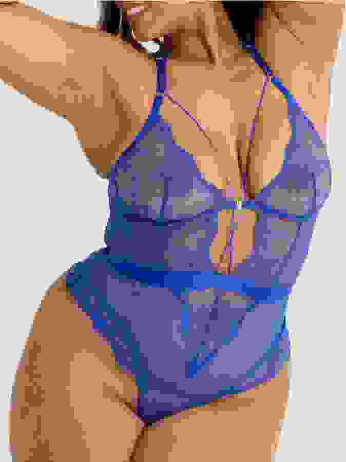 Lovehoney Plus Size Midnight Dream Crotchless Teddy, Blue, hi-res